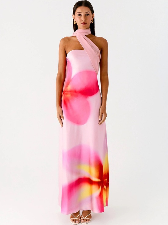 Peppermayo Dresses & Skirts - Peppermayo long pink floral satin maxi dress with scarf detail